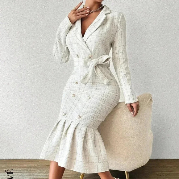 Women's Turn-Down Collar Long Sleeve Waistband Elegant Dress - Picture 4 of 7